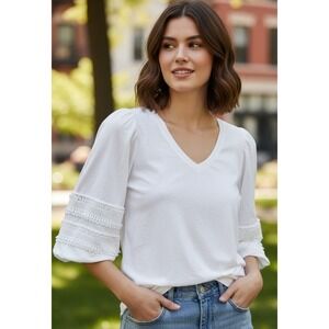 Chico's White V-Neck Tee 1 | M Pom Pom Sleeve Boho Cottagecore Puff Sleeve Top